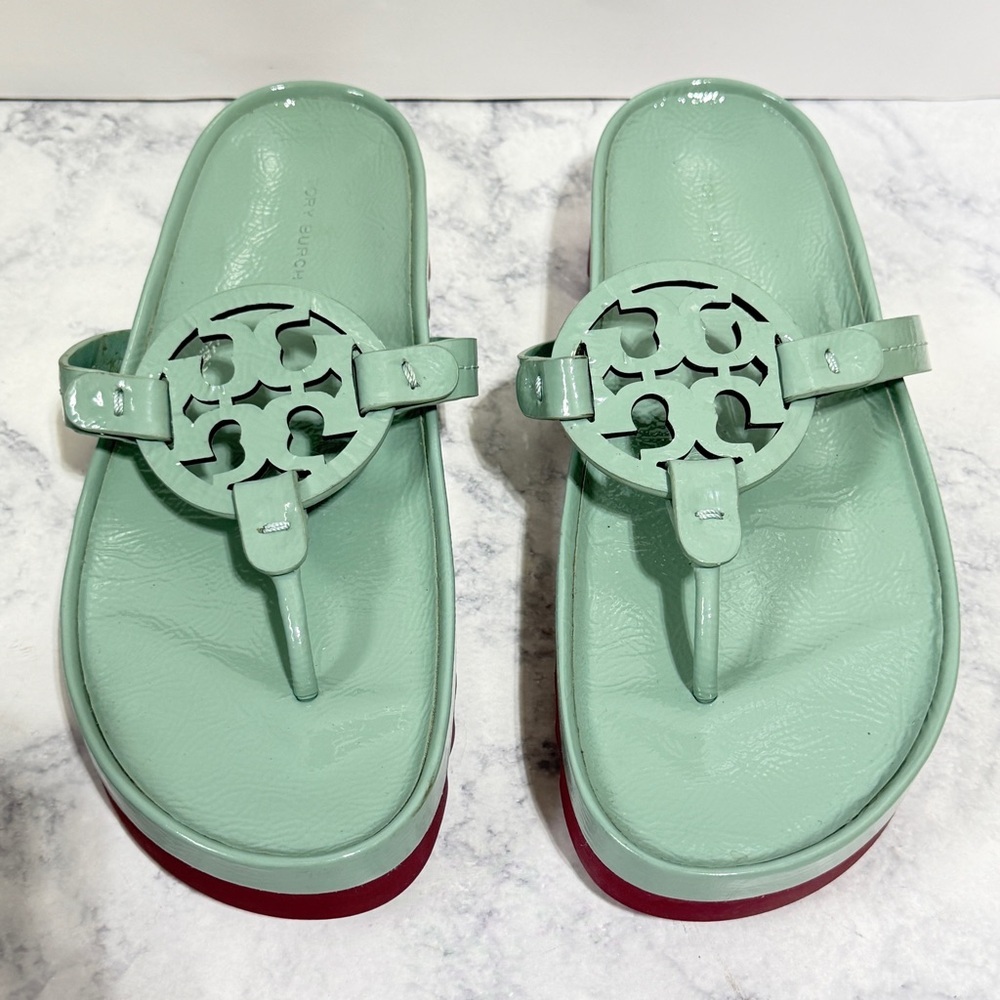 Tory Burch teal Miller cloud lug leather thong sandal sea wind/red size 8.5 - Picture 3 of 7